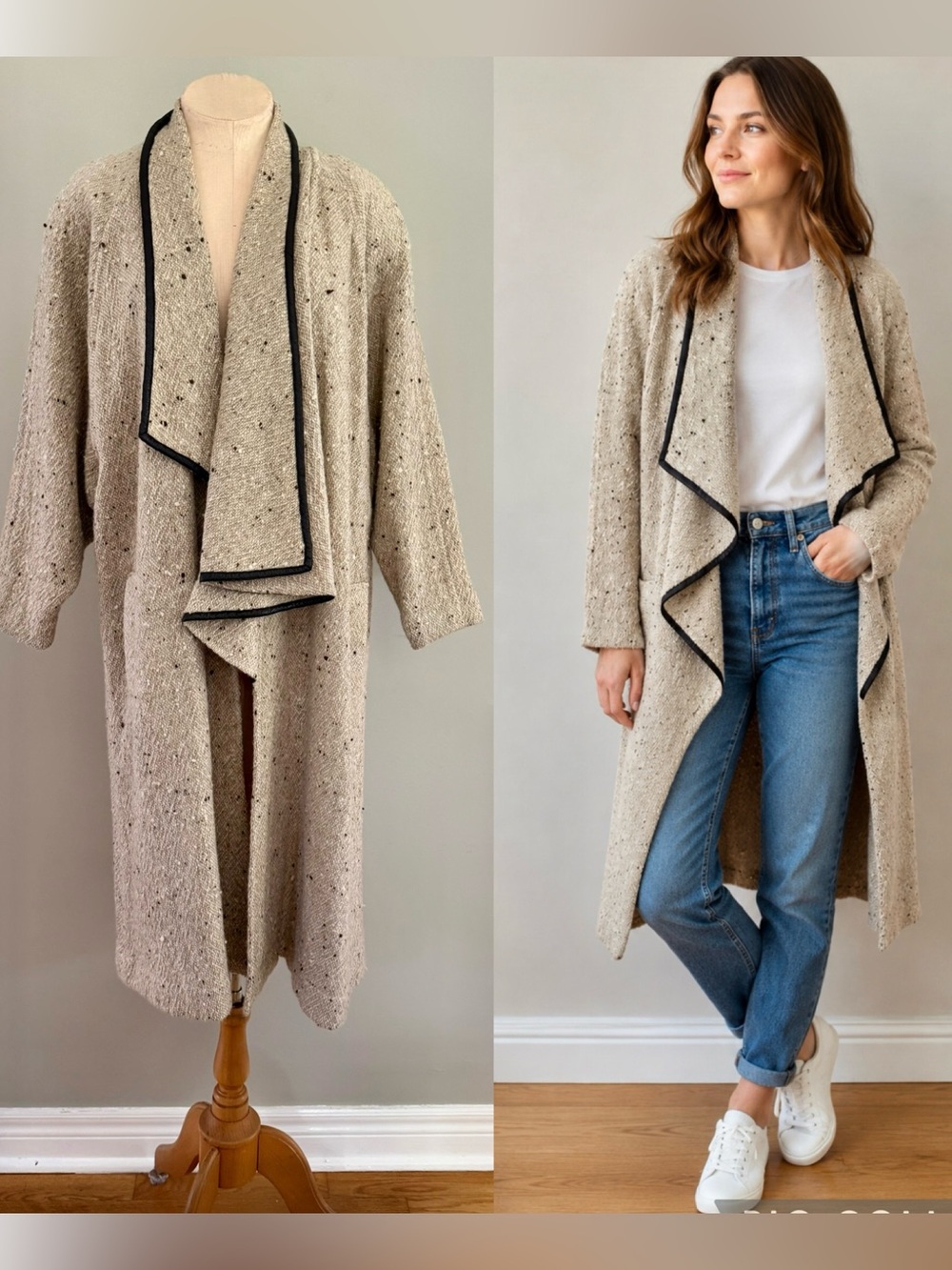 VTG PIERRE MORELL Paris Wool Tweed Open-Front Asymmetrical Waterfall Lapel